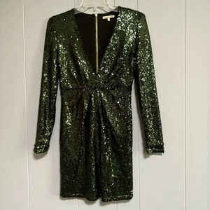 CHARLOTTE RUSSE Dark Green Sequin Long Sleeve Deep V Dress Ruching Size Small